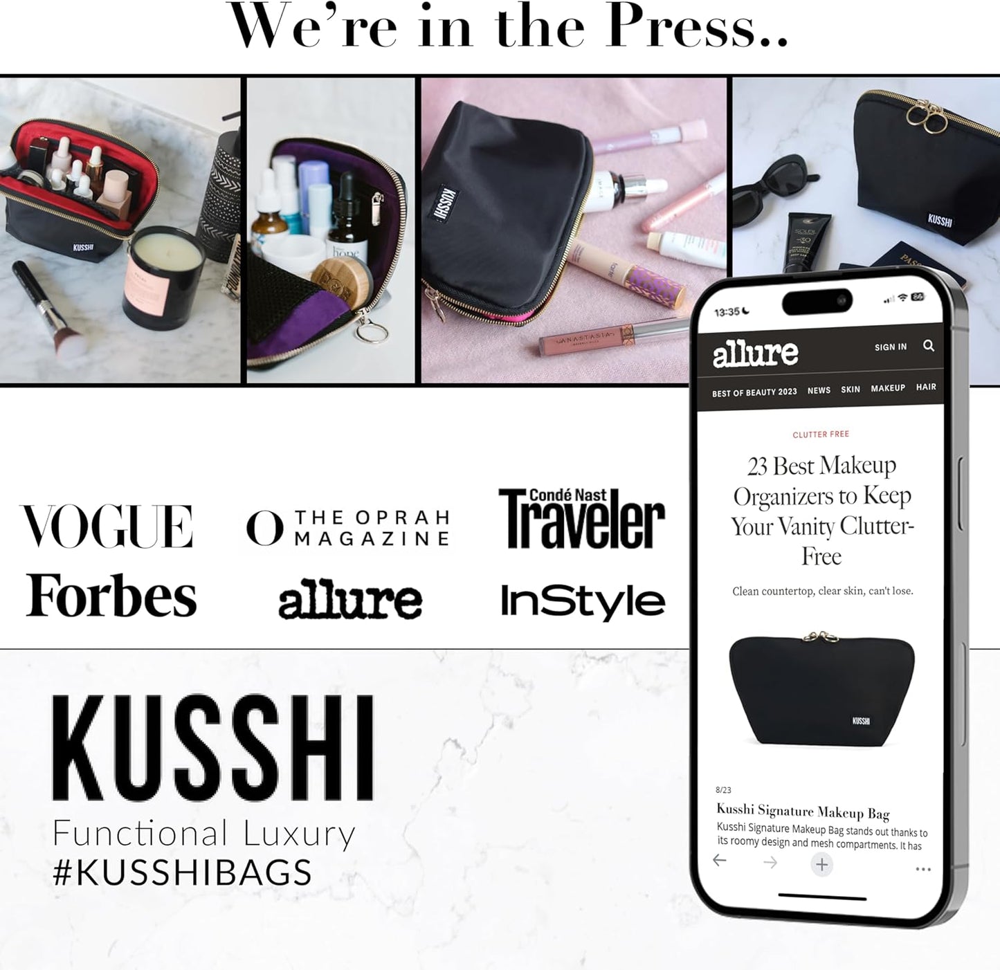 KUSSHI Washable Travel Makeup Bag for Purse (Everyday, Satin Black/Red)