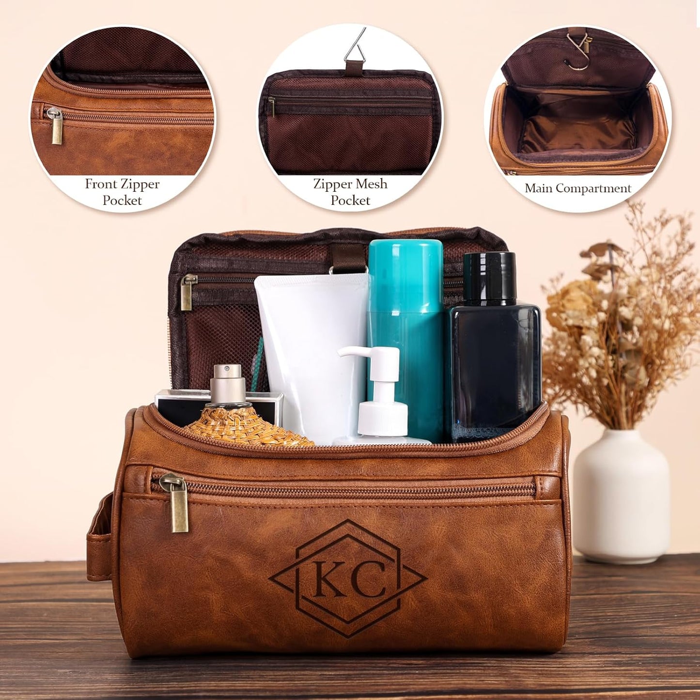 Personalized Leather Toiletry Bag for Men, Custom Engraved Travel Dopp Kit Bag, Customized Name Initials Gift for Groomsmen, Best Man, Father's Day, Wedding, Birthday, Husband, Grandpa