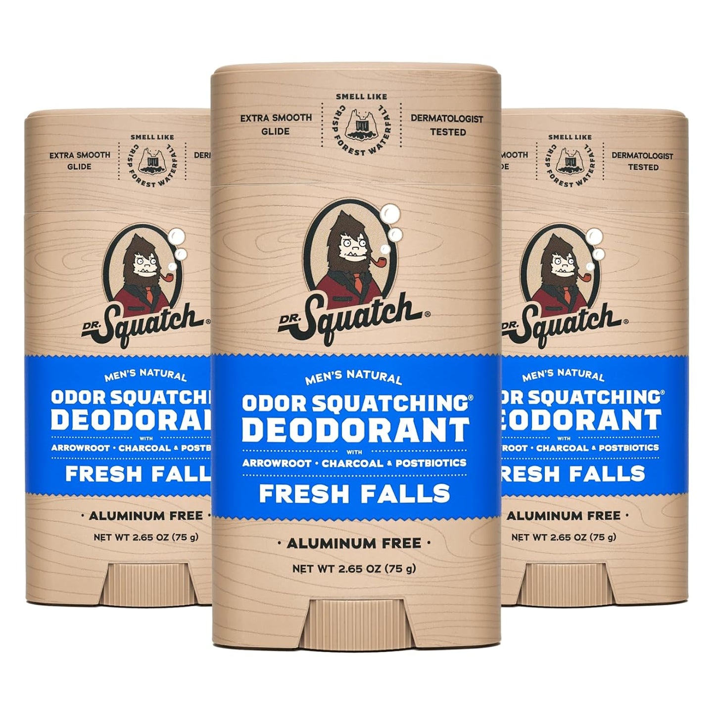 Dr. Squatch Natural Deodorant for Men - Odor-Squatching Aluminum Free - Fresh Falls (2.65 oz, 3-Pack)