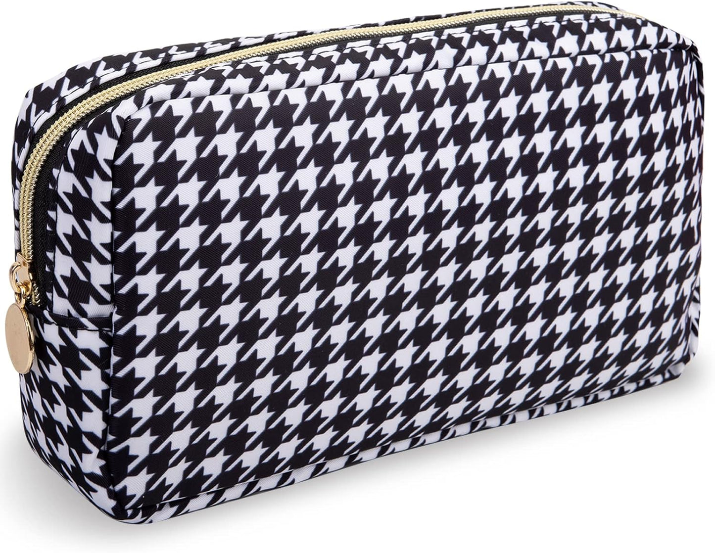 Nylon Small Makeup Bag for Purse, Cute Makeup Pouch Bag Preppy Cosmetic Zipper Pouch Purse, Portable Travel Toiletry Bag Clutch Makeup Brush Bag Organizer Storage for Ladies Girls(Black Houndstooth)