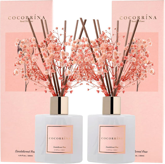 Cocorrína Premium Reed Diffuser Set with Preserved Baby's Breath & Cotton Stick Sandalwood Rose 2 Packs, 6.7oz Scent Fragrance Oil Diffuser for Bedroom Bathroom Home Décor