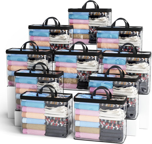 10PACK Clear Zippered Storage Bag for Clothes, 22L Clear Storage Bags, and Blanket Storage Bags for Bedding, Linen, Blankets, Comforters, Clothing & Toys (Black)