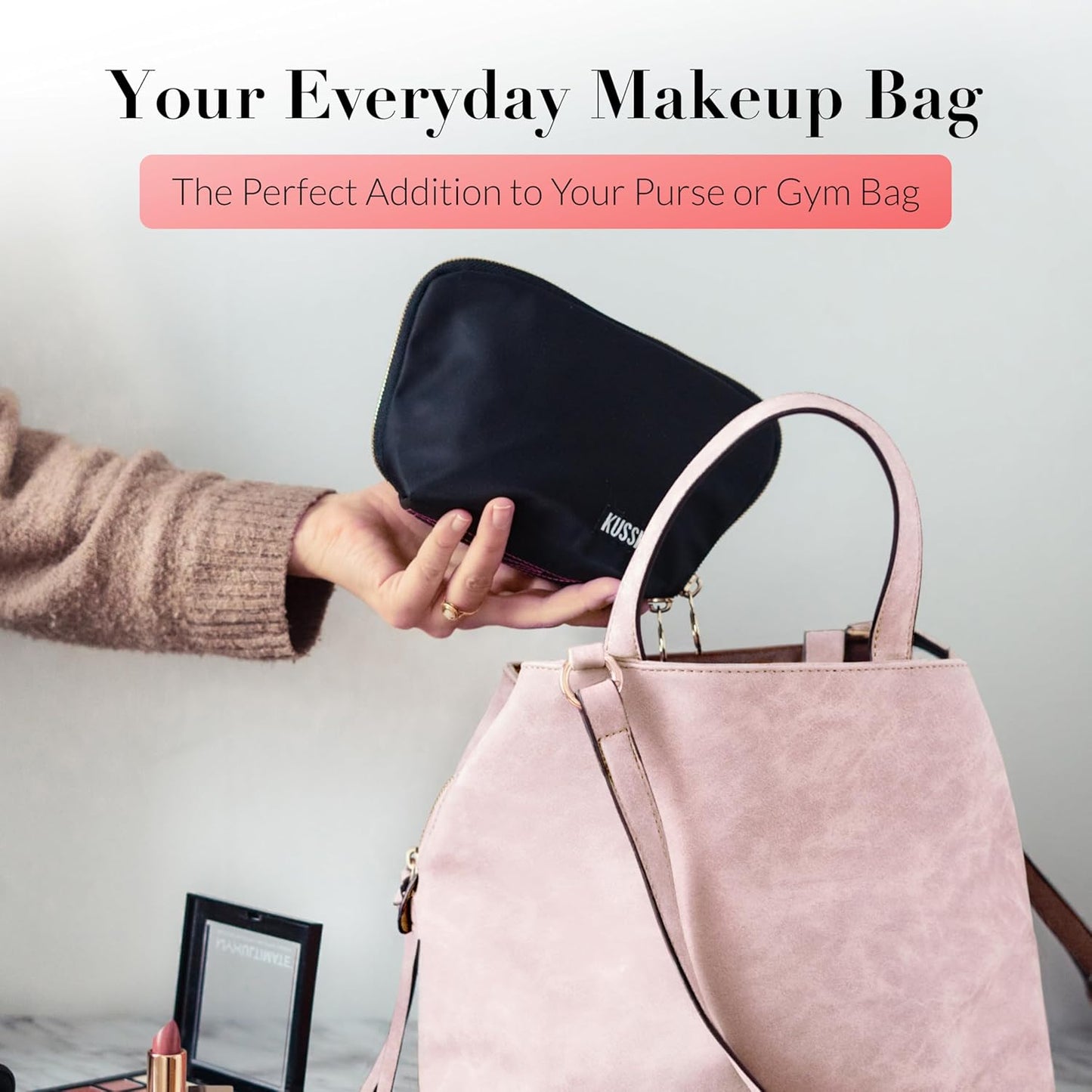 KUSSHI Washable Travel Makeup Bag for Purse (Everyday, Satin Black/Red)