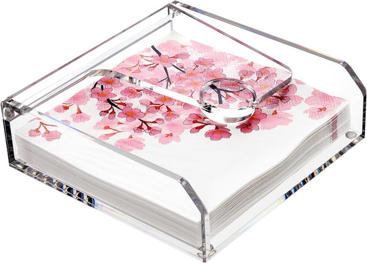 DINGHUO Acrylic Napkin Holder for Table, 7"x7" Clear Luncheon Napkin Holder with Weighted Arm, Flat Kitchen Paper Hand Napkin Dispenser, Suitable for Outdoor & Indoor
