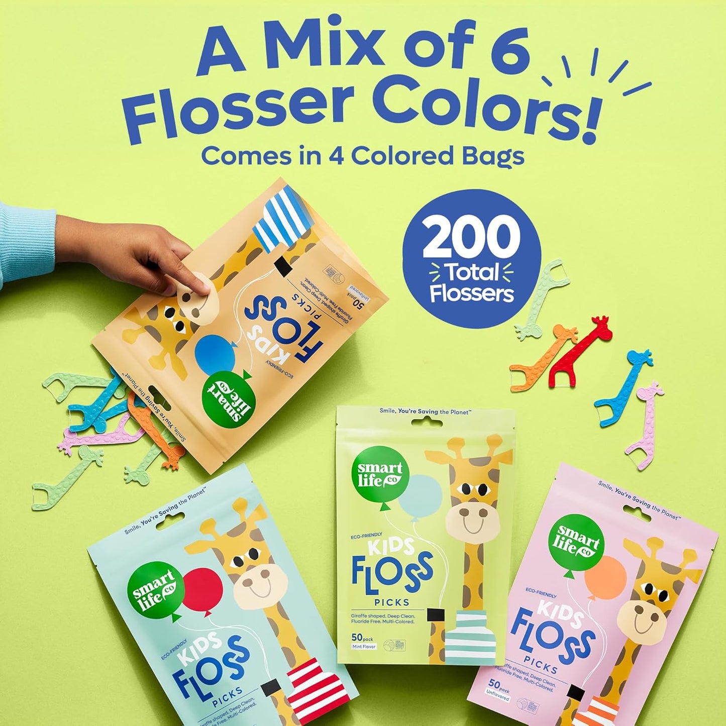 SmartLifeco Eco-Friendly Kids Flossers (200ct) - Dental Floss Picks for Children Made with Straw Wheat, Fluoride & PFA Free, Toothpick Flossing Sticks for Toddler Teeth, No Shred Thread, Mint