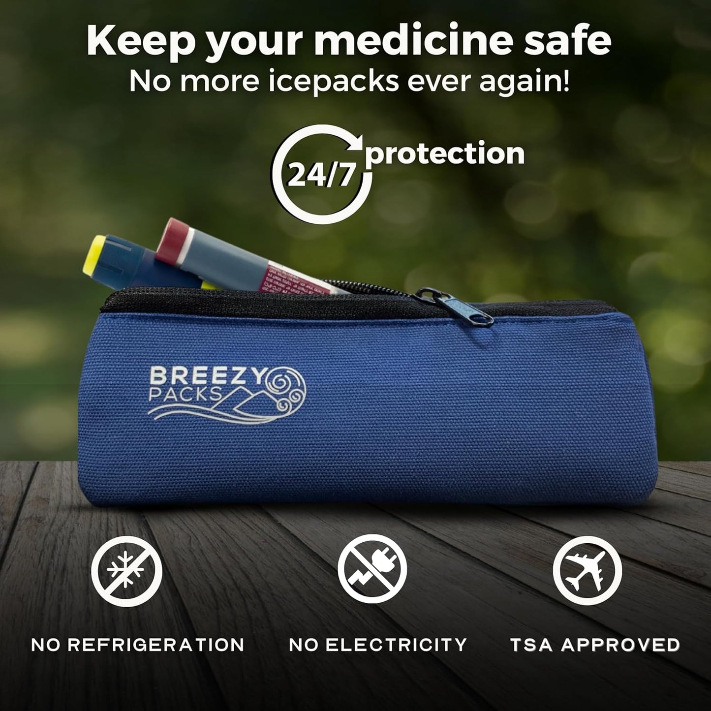 Insulin Pens Cooler Travel Case 24/7 Protection | EpiPen Carry Medical Bag | TSA-Approved Diabetic Case Without Icepacks | Keep medicine at room temp. | Breezy Basic (Navy)