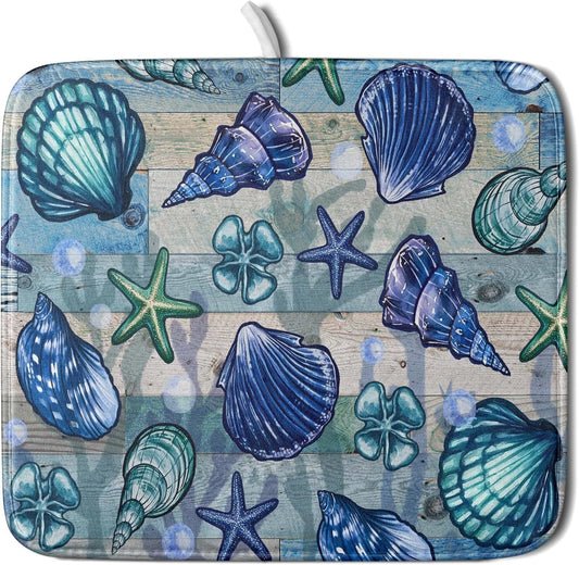 Starfish Seashell Dish Drying Mat 16x18 inch Coastal Beach Dish Drainer Rack Pad Absorbent Microfiber Fast Dry Kitchen Counter Accessories