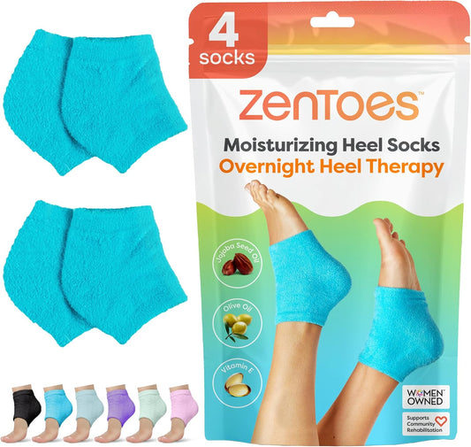 ZenToes Moisturizing Socks for Cracked Heel Treatment - Vitamin E, Olive Oil and Jojoba Oil Infused Heel Socks to Soften and Hydrate (Fuzzy Blue, Regular)