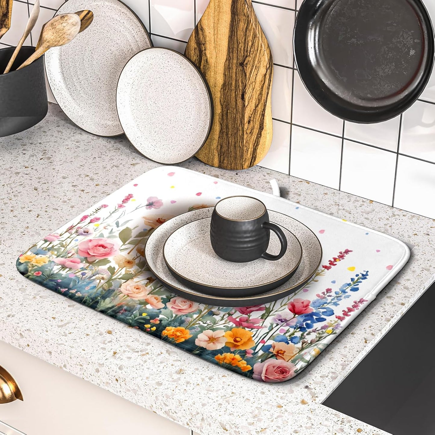 Colorful Flower Dish Drying Mat 16x18 Inch Botanical Floral Drainer Rack Mats Washable Absorbent Dish Dry Pad for Kitchen Counter Sink