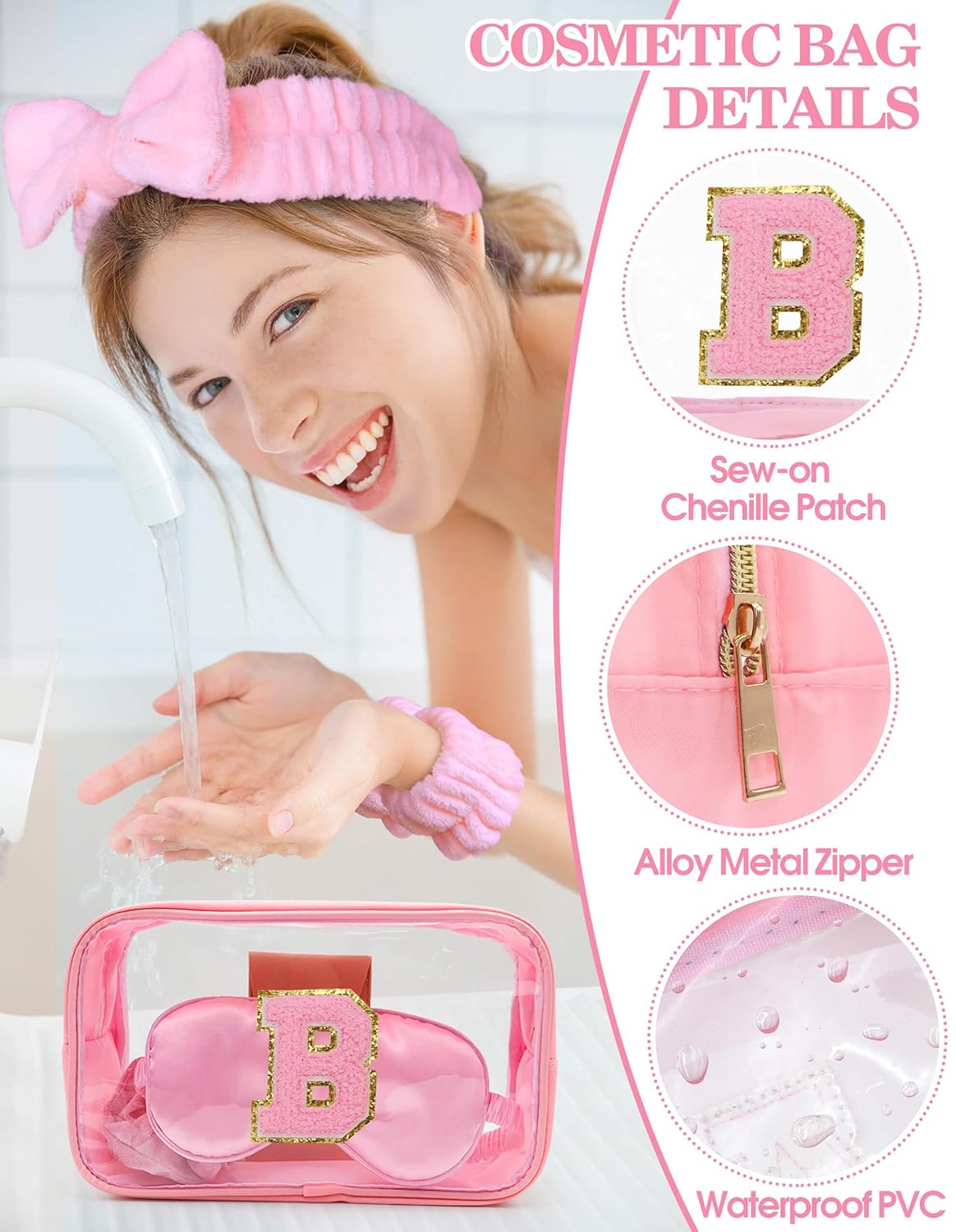 Gift Sets for Women, Initial Makeup Bag with Makeup Brush Set Bachelorette Party Favors, Pink Spa Kit with Skincare Headbands Wrist Bands Sleepover Party Supplies Gifts for Teen Girls Bridesmaid B