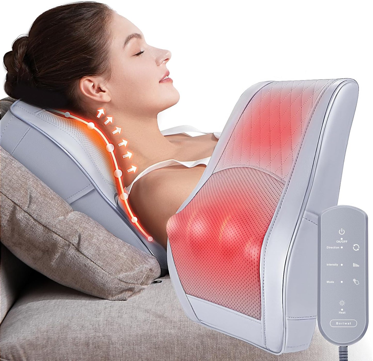 Boriwat Neck and Shoulder Massager with Heat, Shiatsu Massage Pillow with 3D Deep Tissue Kneading for Back Legs Foot Body Pain Relief,at Home Office Car, Gift for Mom & Dad