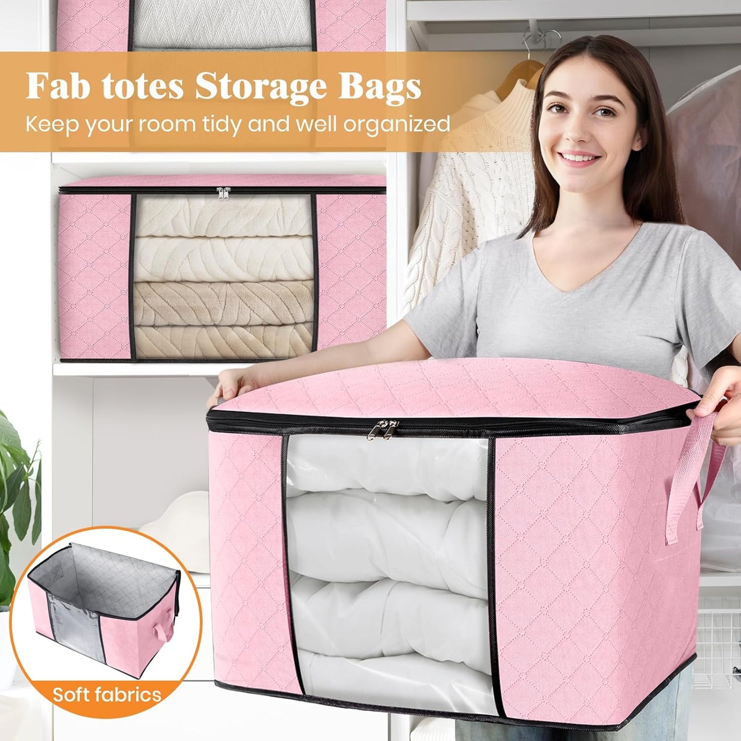Fab totes 24 Gallons Clothes Storage, Foldable Thick Fabric Blanket Storage Bags, Containers for Organizing Bedroom, Closet, Clothing, Comforter, Organization with Handle (3 Pack,Pink)