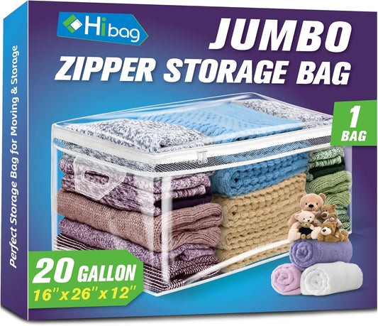HIBAG 20 Gallon Large Storage Bag for Clothes, Zipper Clothing Storage Bag, Clear Organizer with Reinforced Handles, for Comforters Blankets Pillows Bedding (1 Pack)