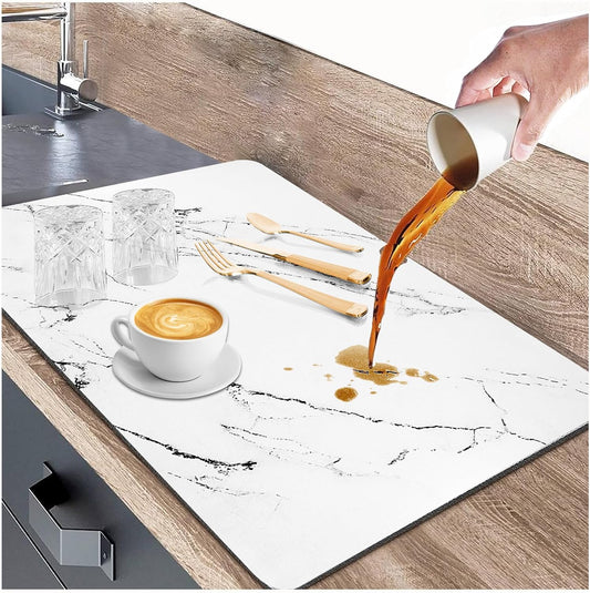 White Dish Drying Mat, 24"x16" Dish Draining Mat with Non-slip Rubber Backed, Absorbent Heat Resistant Dish Drying Mats for Kitchen Counter, Easy to Clean Coffee Machine Dish Rack Pad (White)