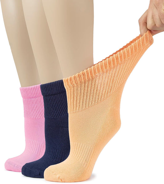 Hugh Ugoli Women's Cotton Diabetic Ankle Socks, Wide, Loose, Stretchy, Seamless Toe, Non Binding Top Semi Cushion, 3-6 Pairs