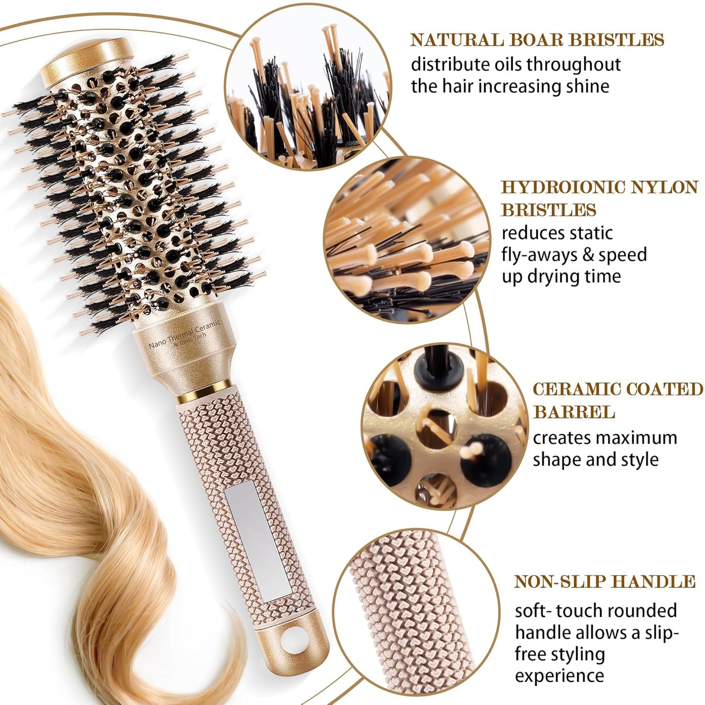 Round Hair Brush for Blow Out, Nano Thermal Ceramic & Ionic Tech, 1.3 inch Barrel, Boar Bristles, Roller Brush for Blow Drying and Styling, Gold