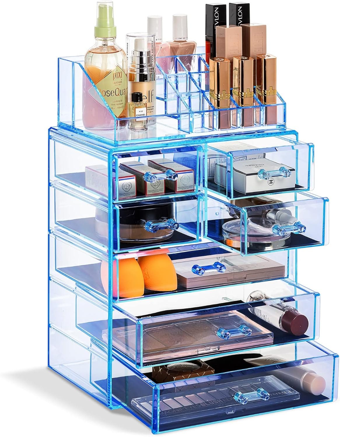 Sorbus Clear Cosmetic Makeup Organizer - Make Up & Jewelry Storage, Case & Display - Spacious Design - Great for Dresser, Bathroom, Vanity & Countertop (3 Large, 4 Small Drawers) [Blue Brilliance]