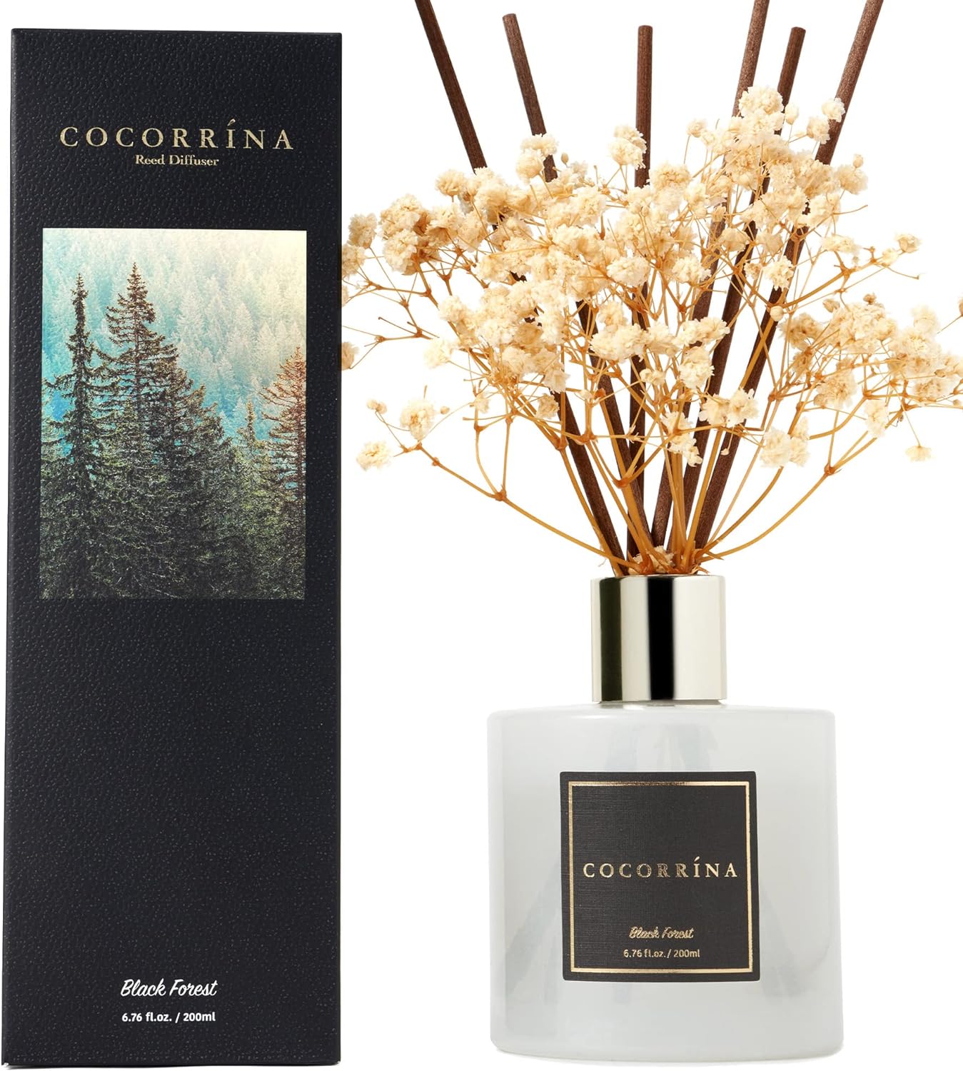 Cocorrína Reed Diffuser Sets, 6.7 fl oz. Black Forest Diffuser with Sticks Home Fragrance Reed Diffuser for Bathroom Shelf Decor