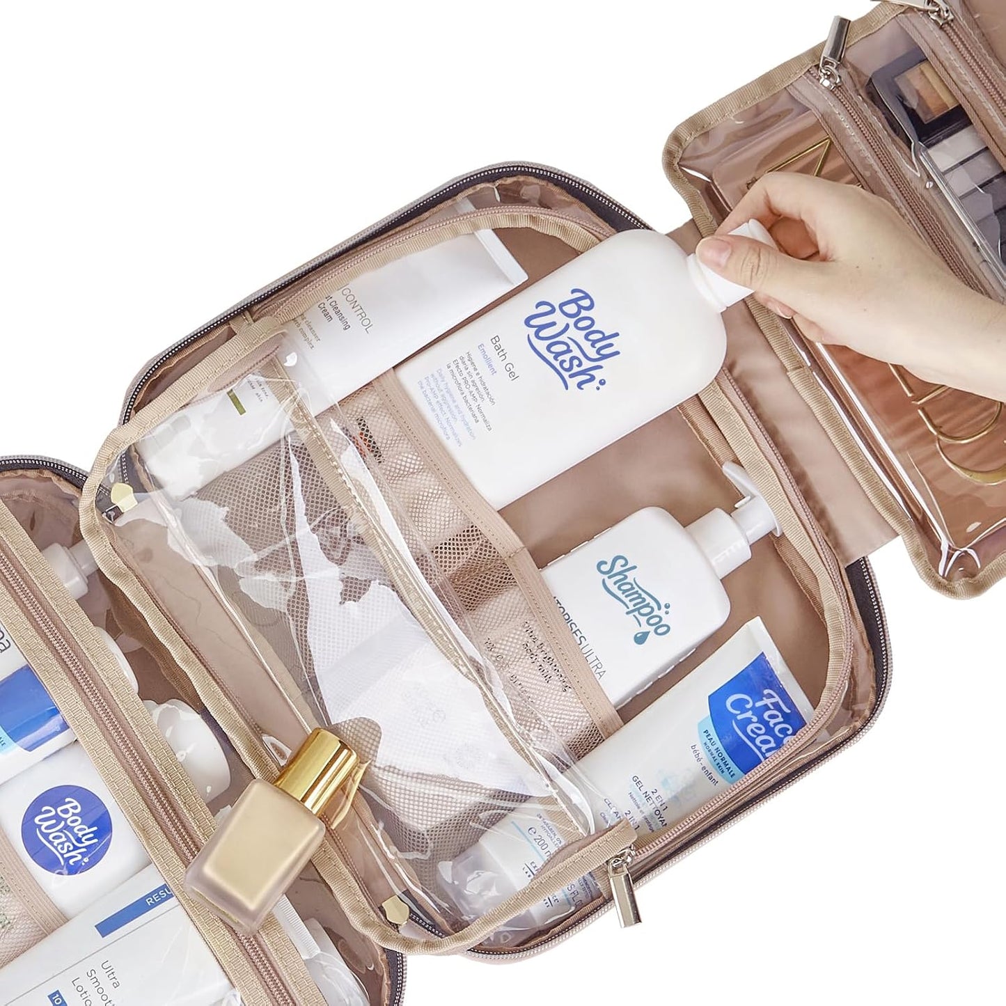 NISHEL Travel Toiletry Bag for women, Portable Hanging Organizer for Full-Sized Shampoo, Conditioner, Brushes Set, Makeup Accessories, Large Size, Pink