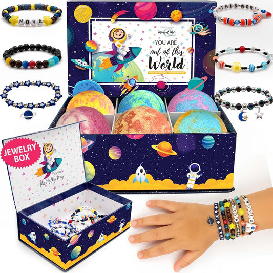 Bath Bombs for Kids with Surprise Inside, Bath Bombs with Surprise Jewelry & Jewelry Box - Organic, Skin Moisturizing, Natural Kids Space Galaxy Bracelets, Birthday Gifts for Boys, Girls