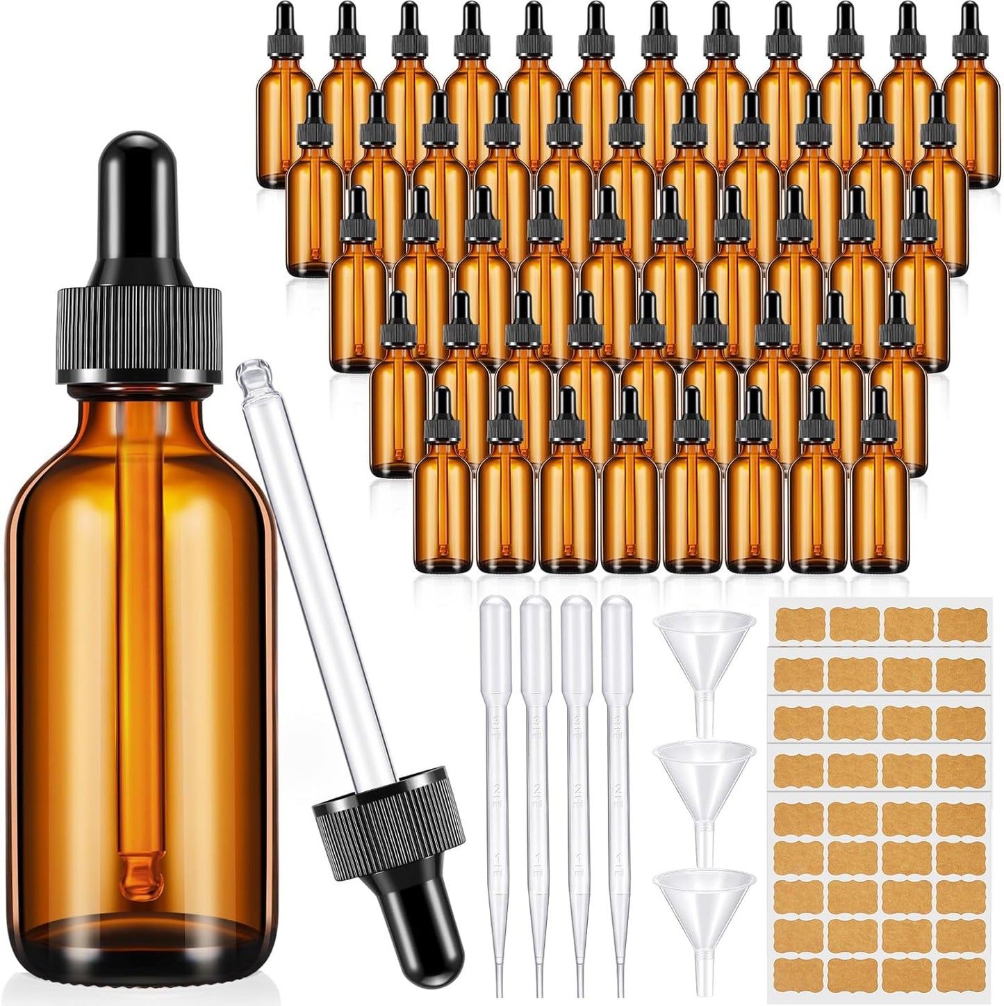 Lallisa 48 Pcs Glass Dropper Bottles with Eye Dropper Dispensers Lab Dropping Bottles with 4 Pcs Long Pipettes 4 Funnel and 80 Label for Travel Cuticle Massage Essential Oils Perfume (Amber,2 oz)