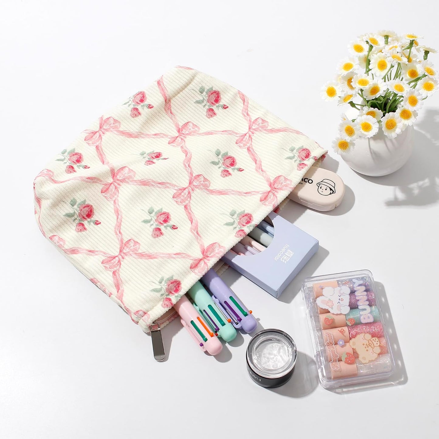 Cosmetic Bags for Women - Corduroy Cosmetic Bag Aesthetic Women Handbags Purses Smile Dots Makeup Organizer Storage Makeup Bag Girls Case Bags (Flowers-Pink strawberry)