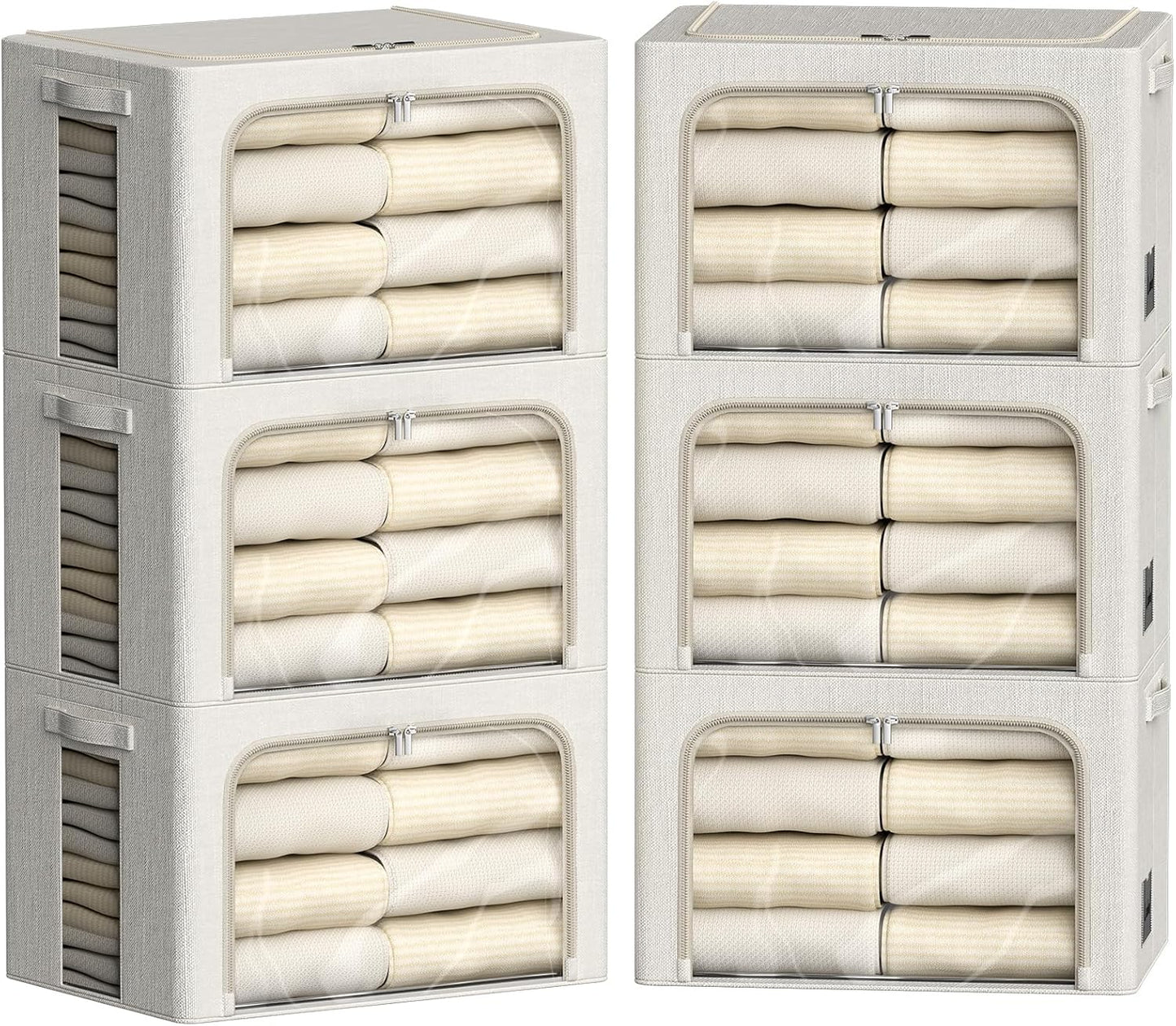FHSQX 6 Pack Clothes Storage Bins with Metal Frame Foldable Storage Bins for Clothes Linen Fabric Storage Box with Clear Window (Lvory White, 15.7x11.8x7.8inch(22L))