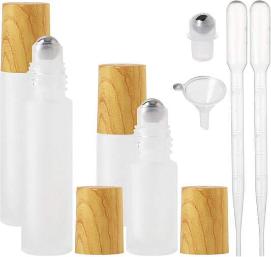 Essential Oil Roller Bottles, 4PCS (10ml & 5ml) Glass Perfume Roller Bottles with Funnel Opener and Dropper Beauty and Personal Care Tools (White-yellow cover, 4 Packs)