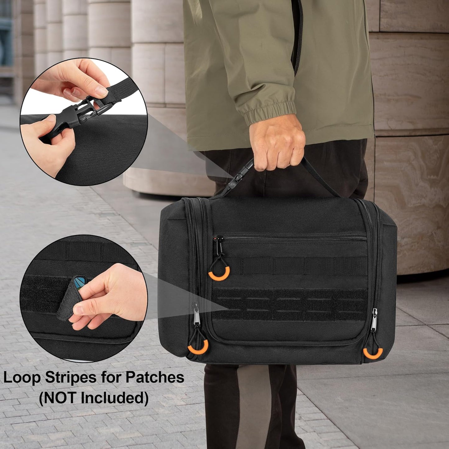 Tactical Toiletry Travel Bag for Men, Hanging Dopp Kit Hygiene Bag Shower Organizer with Hook for Toiletries and Shaving Care, Black (Empty Bag)