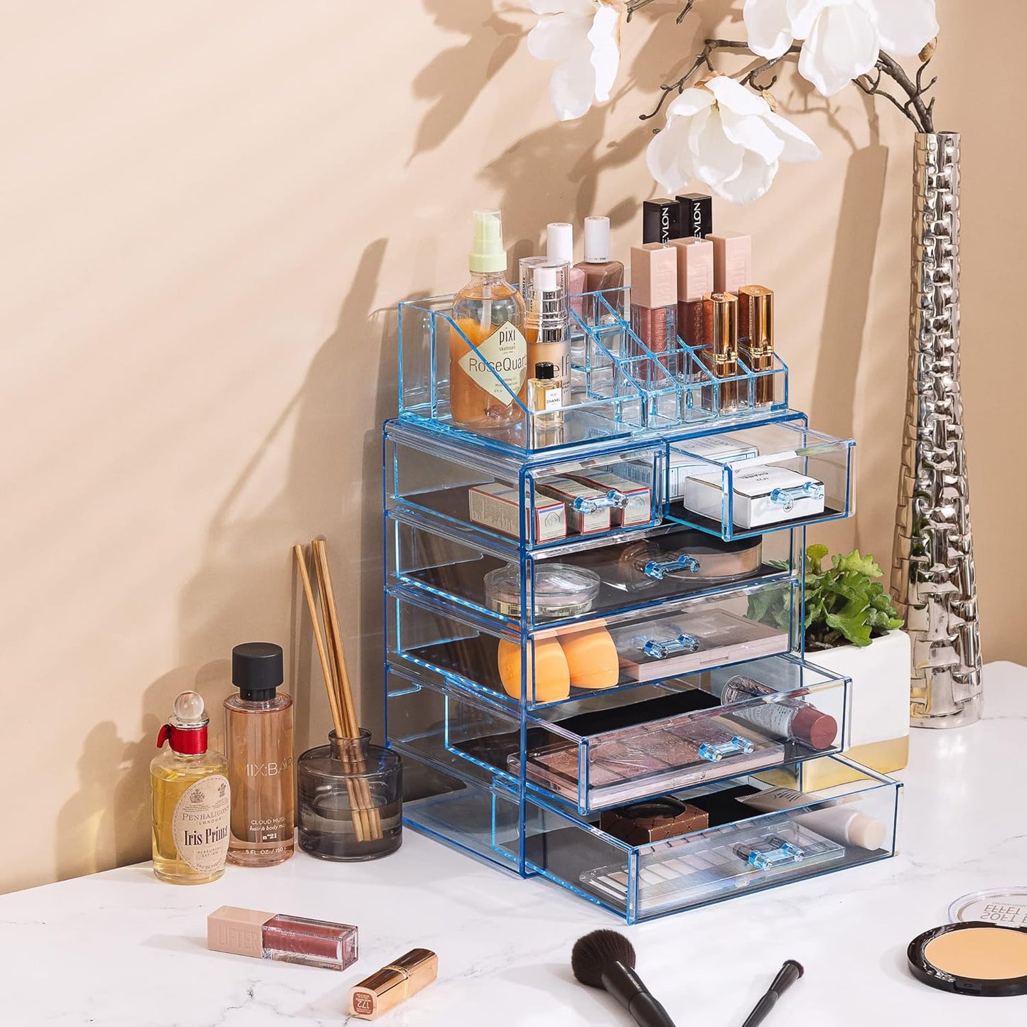 Sorbus Clear Cosmetic Makeup Organizer - Make Up & Jewelry Storage, Case & Display - Spacious Design - Great for Dresser, Bathroom, Vanity & Countertop (4 Large, 2 Small Drawers) [Blue Brilliance]