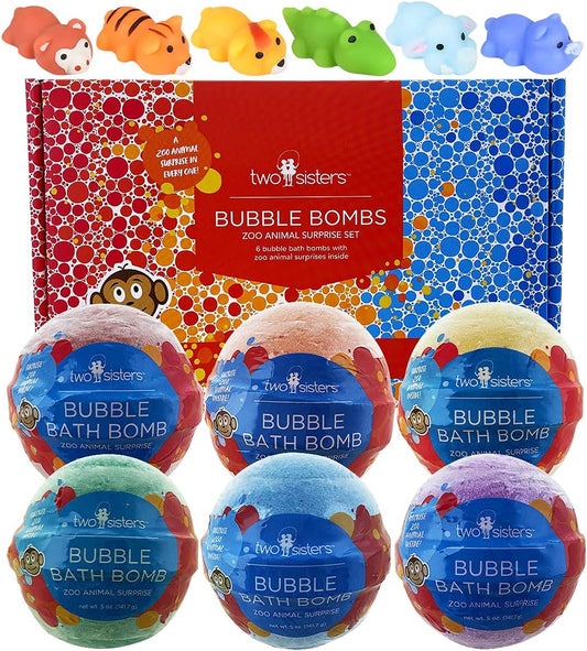 Zoo Animal Bath Bombs for Kids with Surprise Toys Inside (6 Pack) - Gentle and Safe, USA Made, Large Bubble Bomb & Ideal Gift for Boys & Girls by Two Sisters