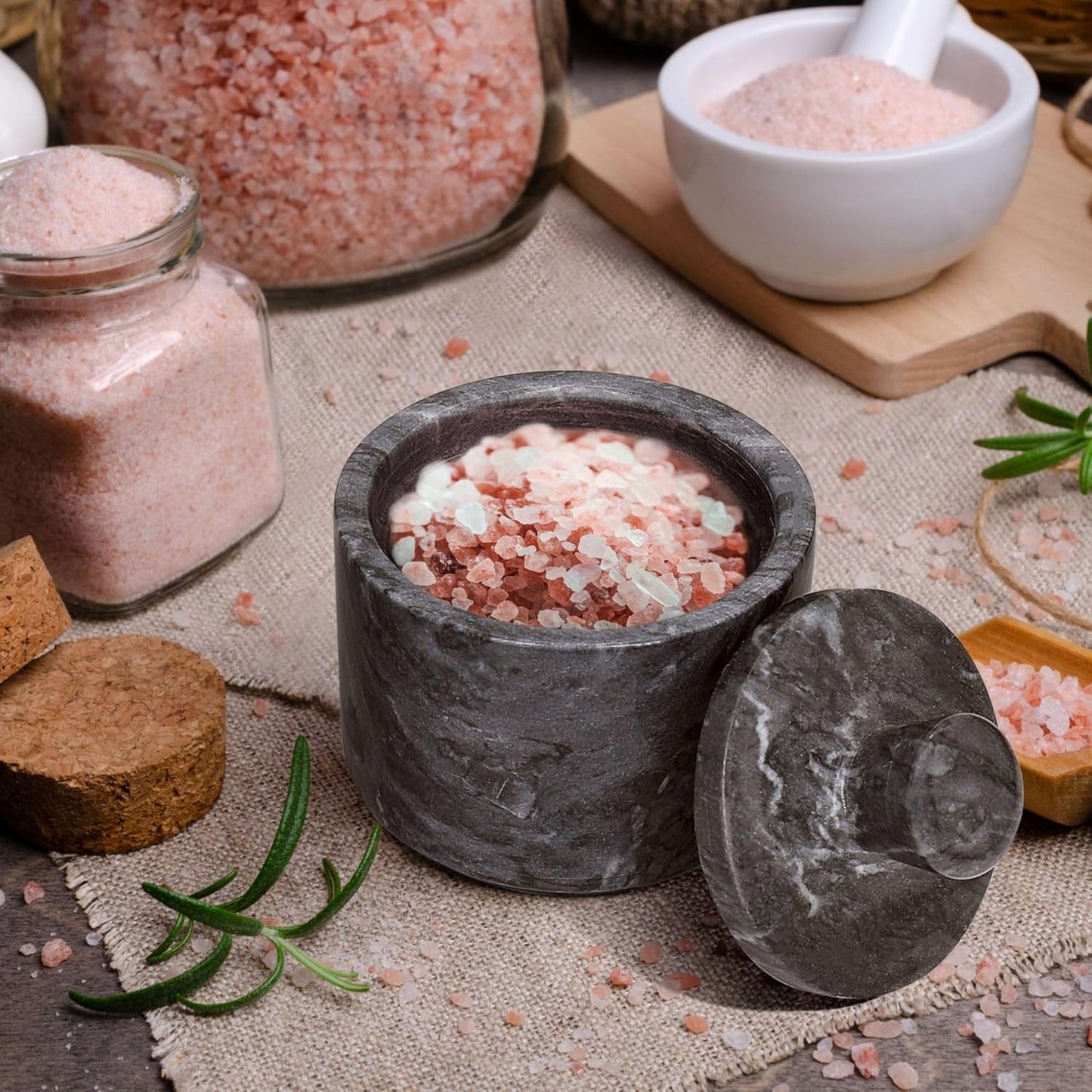 Flexzion Marble Salt Cellar with Lid, Multi-Purpose Marble Container for Salt, Pepper, Paprika and Powdered Herbs, Salt Containers for Countertop, Box for Jewelry, Watches & Accessories (Black)