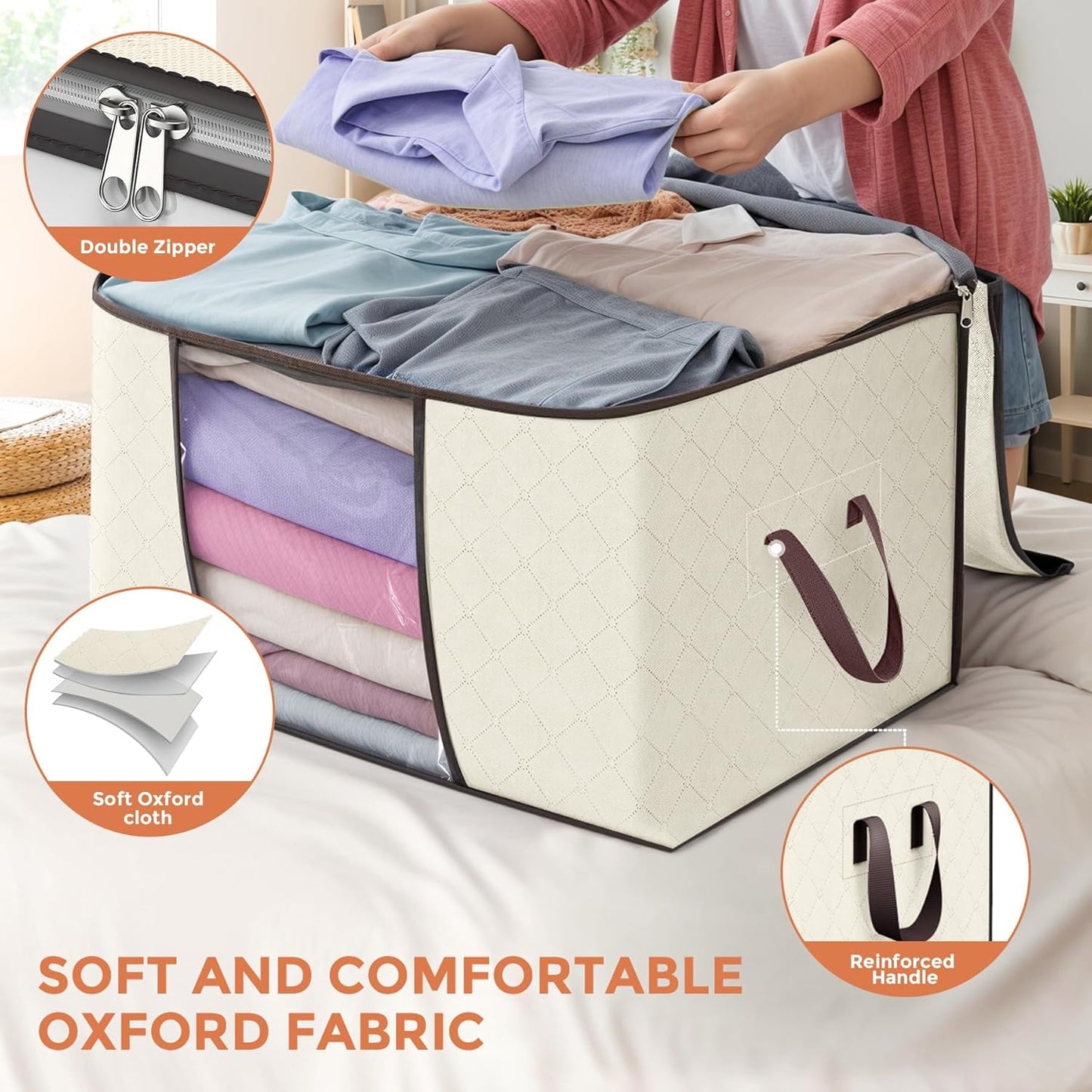 Budding Joy 90 L Large Storage Bags, 10 Pack Clothes Storage Bins Foldable Closet Organizers Storage Containers with Reinforced Handle for Clothing, Blanket, Comforters, Bed Sheets, Pillows (Beige)