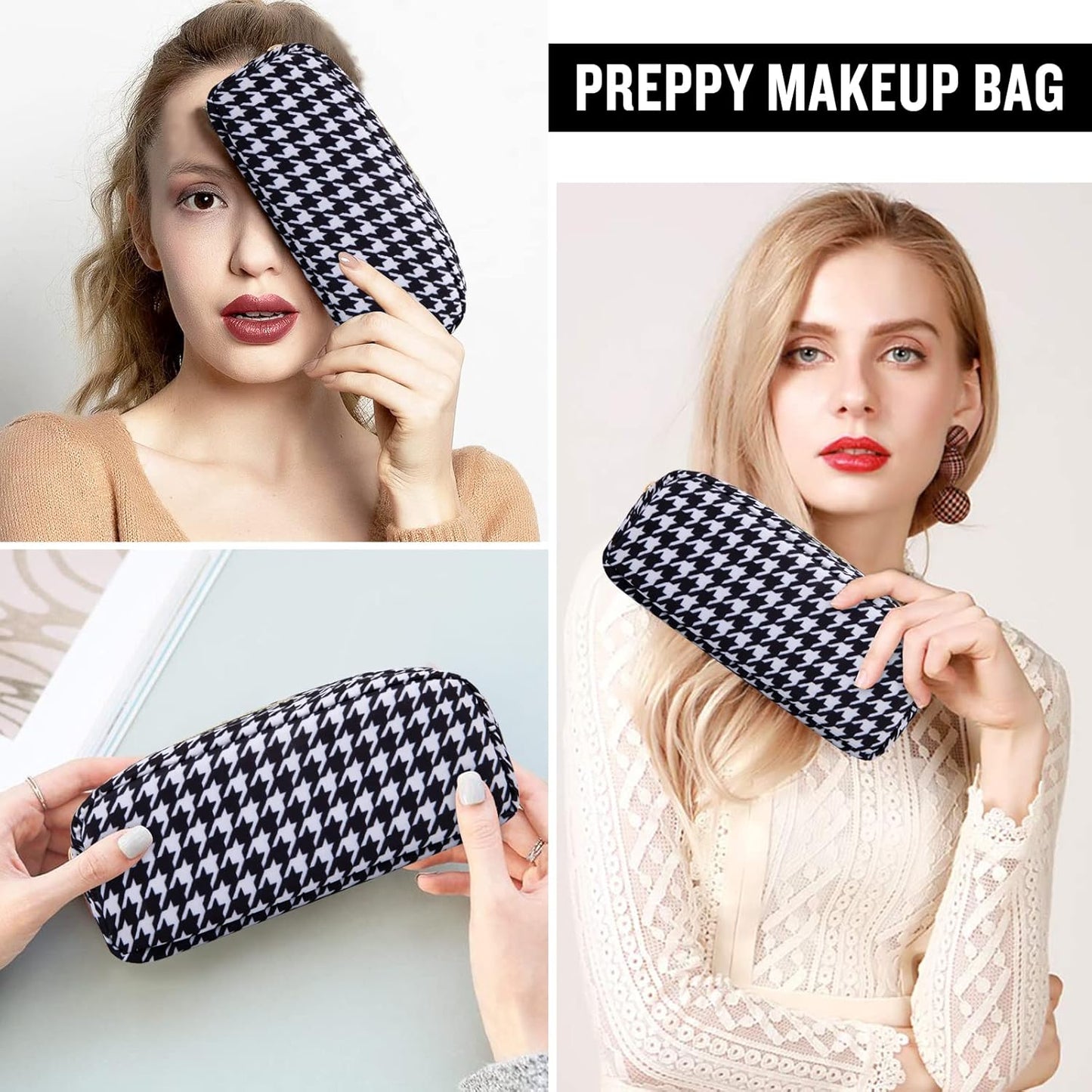 Nylon Slim Makeup Bag, Cute Makeup Brush Case, Preppy Cosmetic Zipper Pouch for Purse, Travel Toiletry Bag Clutch Coin Pouch Make Up Organizer for Women Girls (Black Houndstooth)