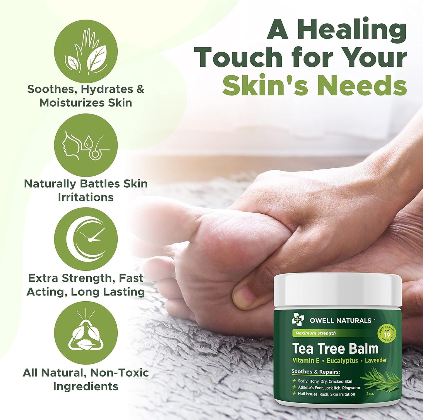 OWELL NATURALS Tea Tree Balm Oil with Vitamin E for Itchy, Dry, Flaky and Cracked Skin, Athletes Foot, Hands, Rashes, Bee Stings, Splinters, Poison Ivy, Insect Bites, Cuts and Burns, (2 Pack)