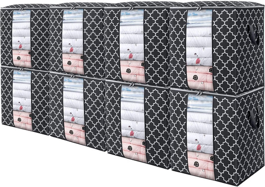 WISELIFE Storage Bags 8 Pack/100L Large Blanket Clothes Organization and Storage Containers for Comforters,Bedding, Foldable Organizer with Reinforced Handle, Clear Window, Sturdy Zippers,Black