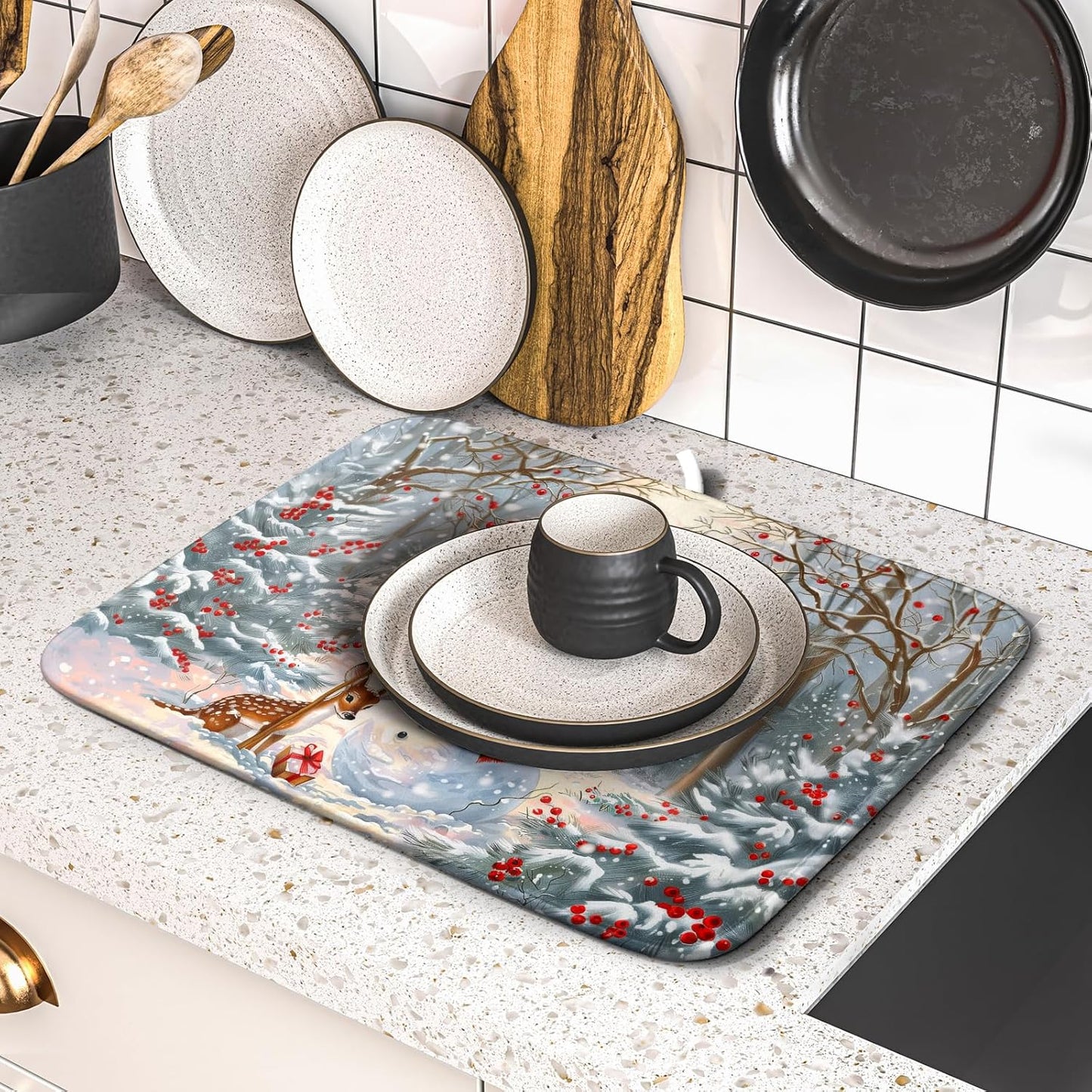 Winter Snowman Dish Drying Mat for Kitchen Counter Red Bird Berry Dishes Drainer Mats Holiday Microfiber Absorbent Dish Rack Pad 16x18 Inch