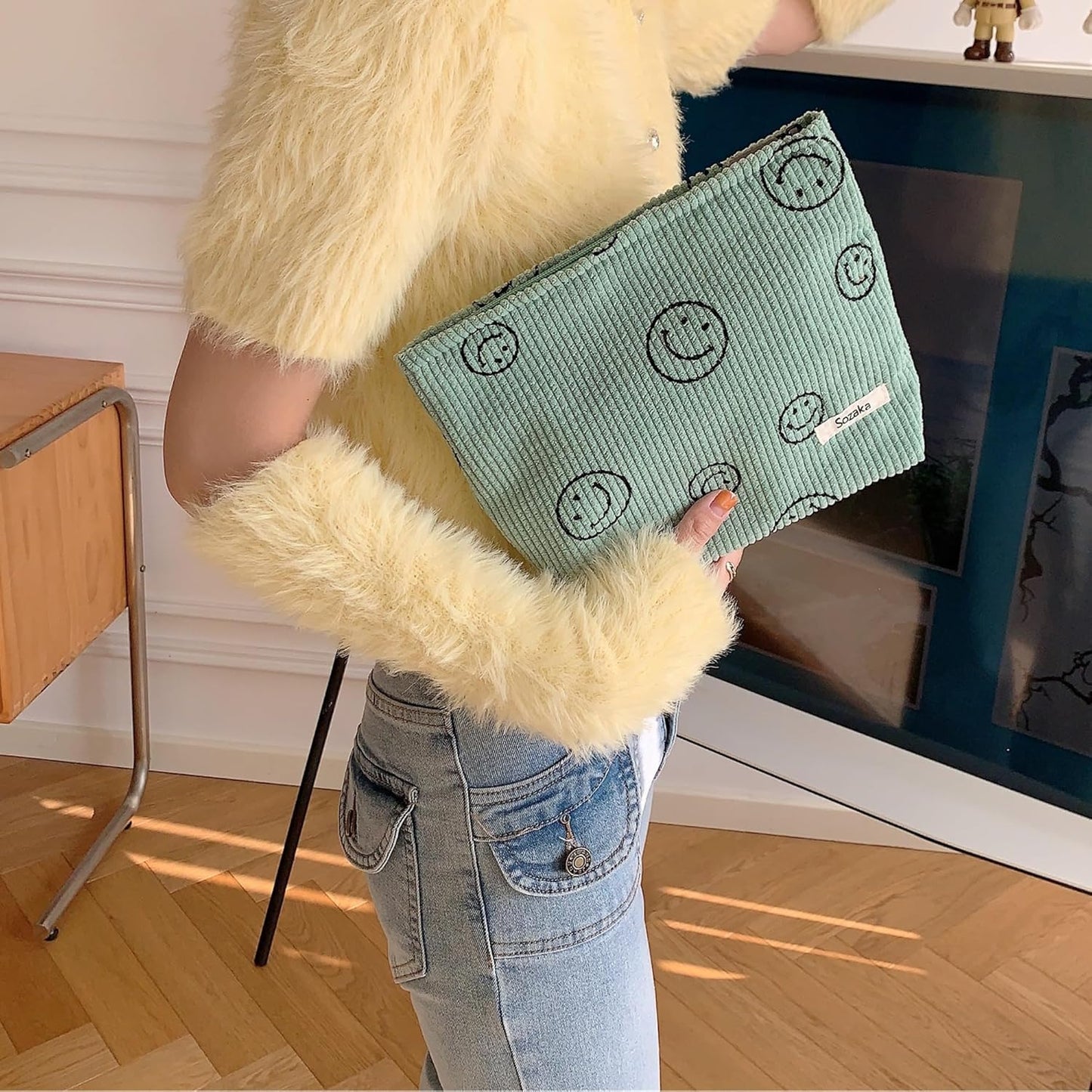 Cosmetic Bags for Women - Corduroy Cosmetic Bag Aesthetic Women Handbags Purses Smile Dots Makeup Organizer Storage Makeup Bag Girls Case Bags (A-Green)