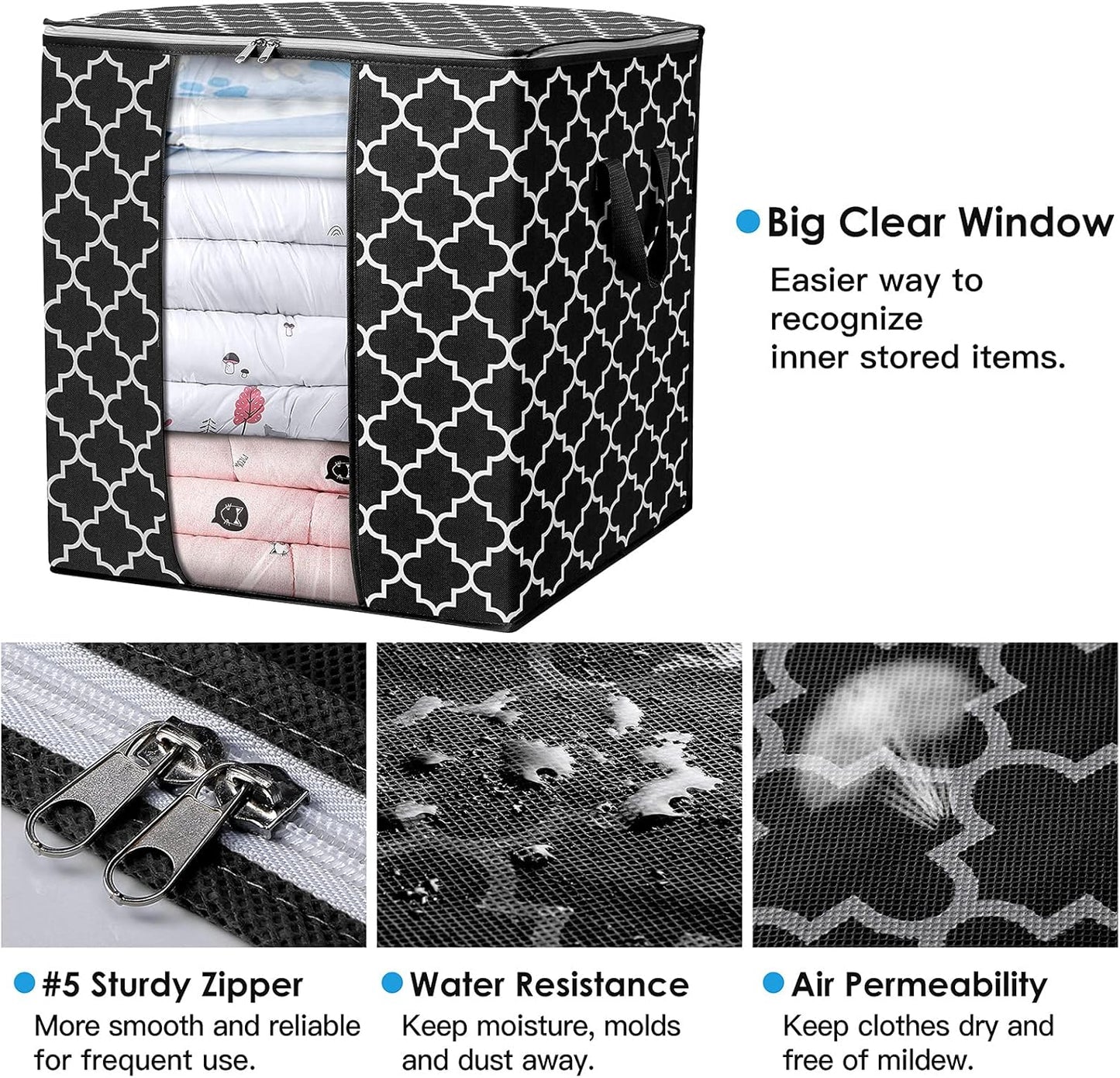 WISELIFE Storage Bags 6 Pack/100L Large Blanket Clothes Organization and Storage Containers for Comforters,Bedding, Foldable Organizer with Reinforced Handle, Clear Window, Sturdy Zippers,Black