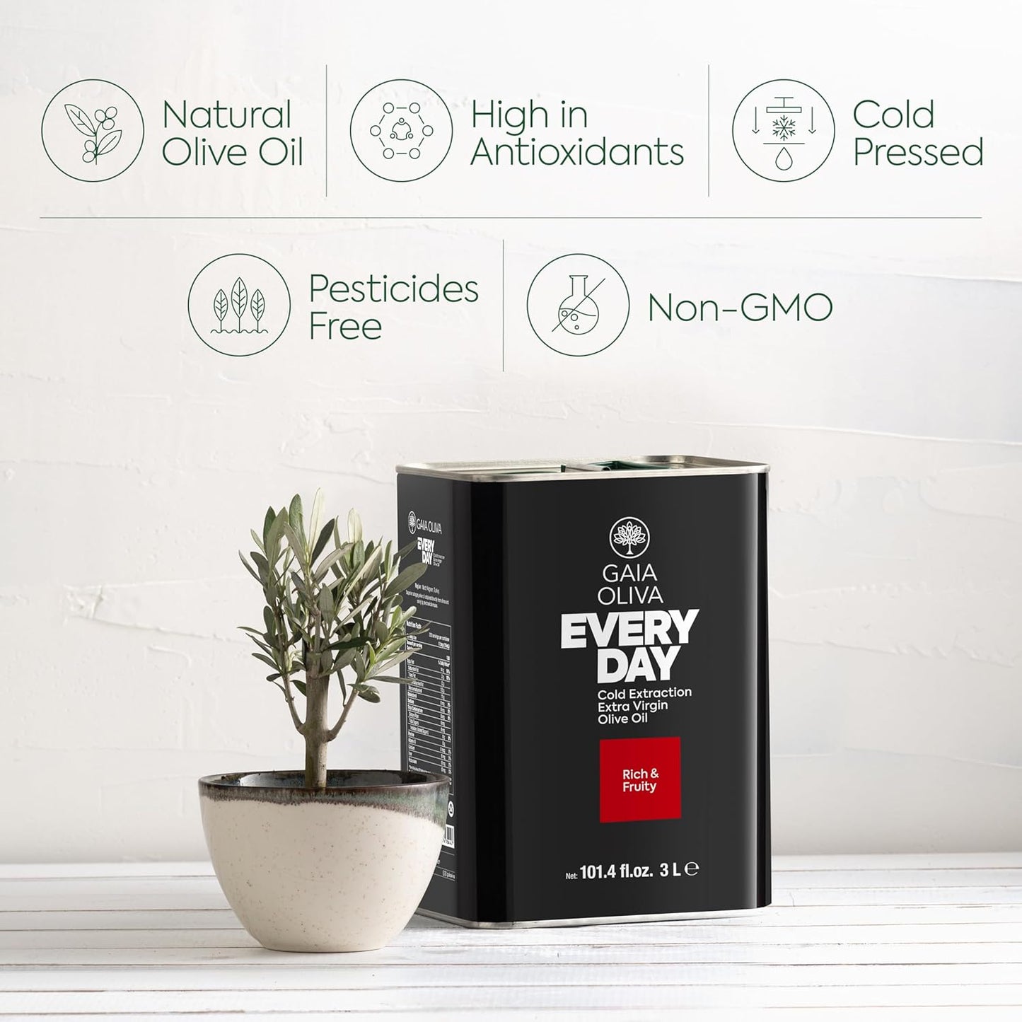 Gaia Oliva Everyday Extra Virgin Olive Oil, Cold Pressed, Single Origin, Kosher, Delicate, Smooth Fruity Flavor, 2022 Harvest Olive Oil Tin 3 Liter