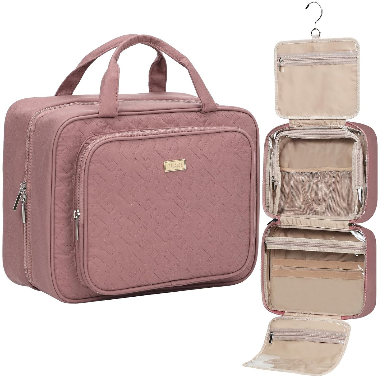 NISHEL Travel Toiletry Bag for Women Large Capacity, Makeup Essentials Organizer, Hanging Case for Accessories, Cosmetics, Rosewood-Pink
