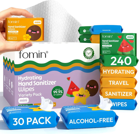 Fomin Mini Hand Sanitizer Wipes 30 Pack (8 Count) - Variety Pack Mini Wet Wipe - pH Balanced, Biodegradable, Antibacterial On The Go Hand Sanitizing Wipes - Hypoallergenic, Plant-Based Travel Wipe