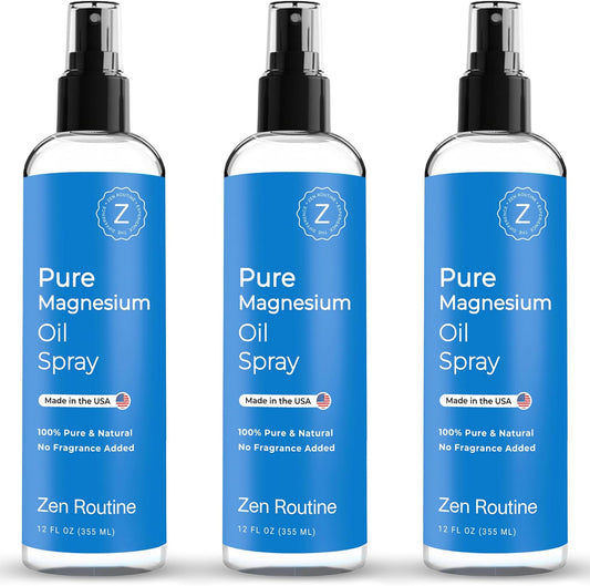 Pure Magnesium Oil Spray 12oz (3 Pack) – Organic USP Grade Magnesium Spray, Topical Magnesium Glycinate, Magnesium Oil for Feet, Body, Muscles & Leg Cramps – Made in The USA