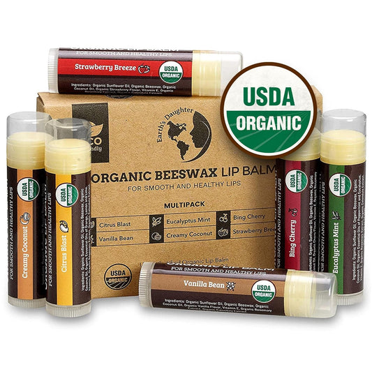 Earth's Daughter USDA Organic Lip Balm 6-Pack - Fruit Flavors, Beeswax, Coconut Oil, Vitamin E - Best Lip Repair Chapstick for Dry Cracked Lips - Moisturizing Lip Care