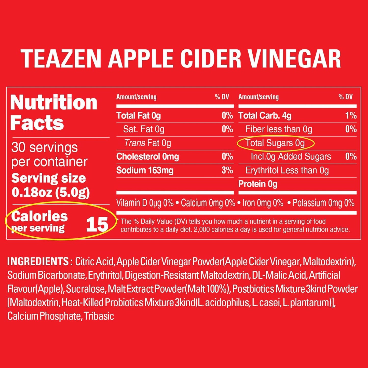 TEAZEN Apple Cider Vinegar Drink Powder Stick – On-the-Go Wellness with 1500mg ACV, Sugar-Free, Postbiotics, 30 Sticks | Supports Digestion & Metabolism