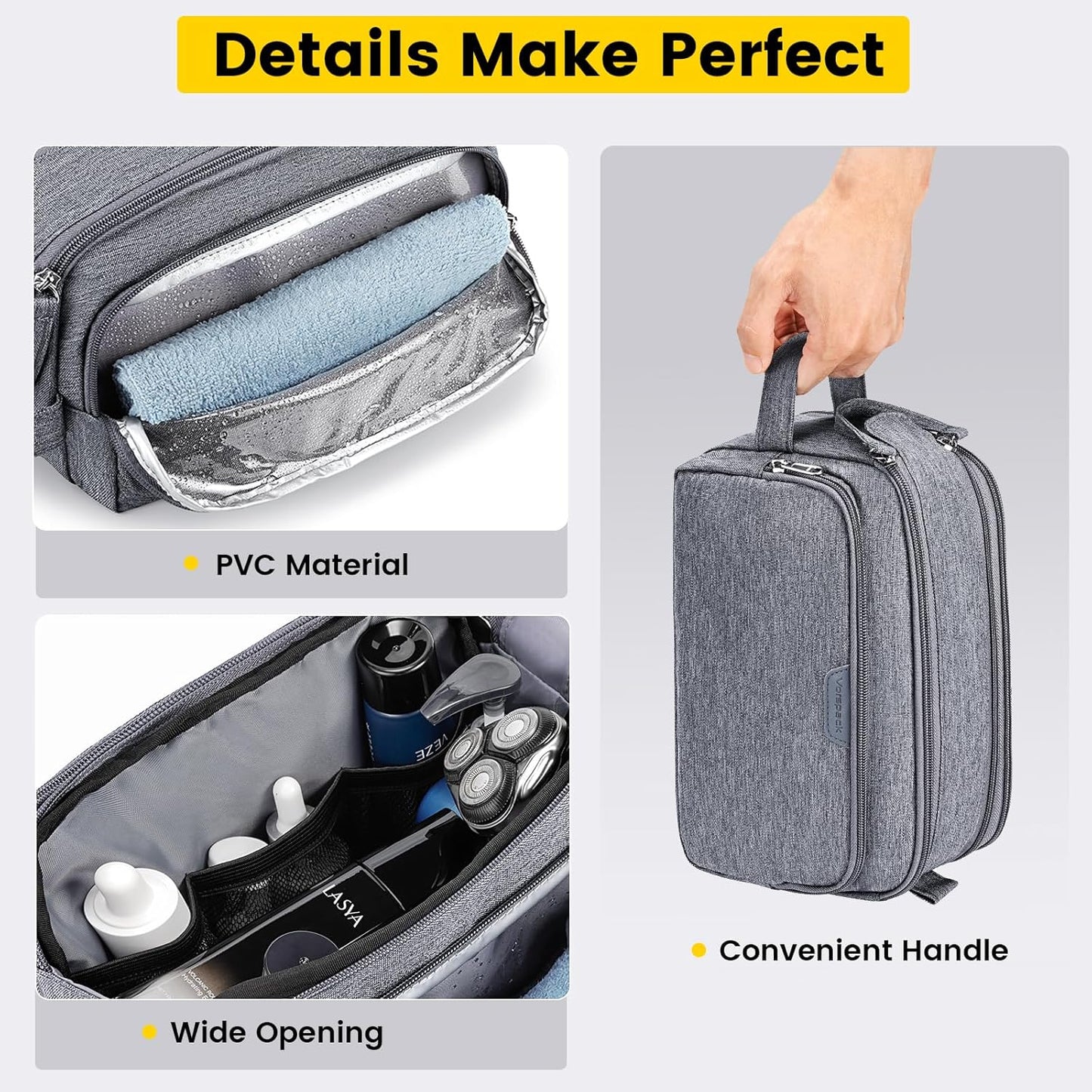 Vorspack Travel Toiletry Bag - Water Resistant Travel Bag for Toiletries, Cosmetics, Accessories, Gifts for Men - Grey