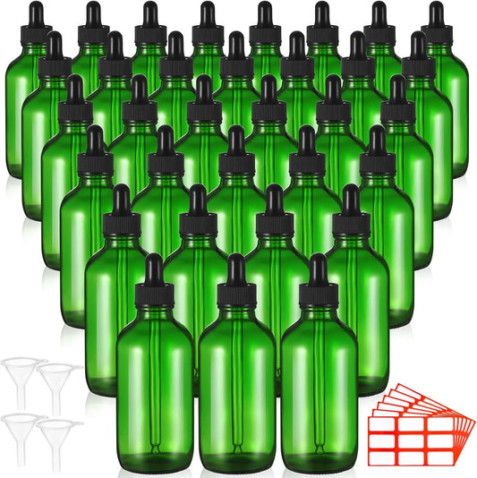 Dandat 50 Pack 4 oz Glass Dropper Bottles Leakproof 120 ml Glass Tincture Bottles with Eye Droppers, 4 Funnels, 54 Labels for Essential Oil Perfumes Hair Oil(Green)
