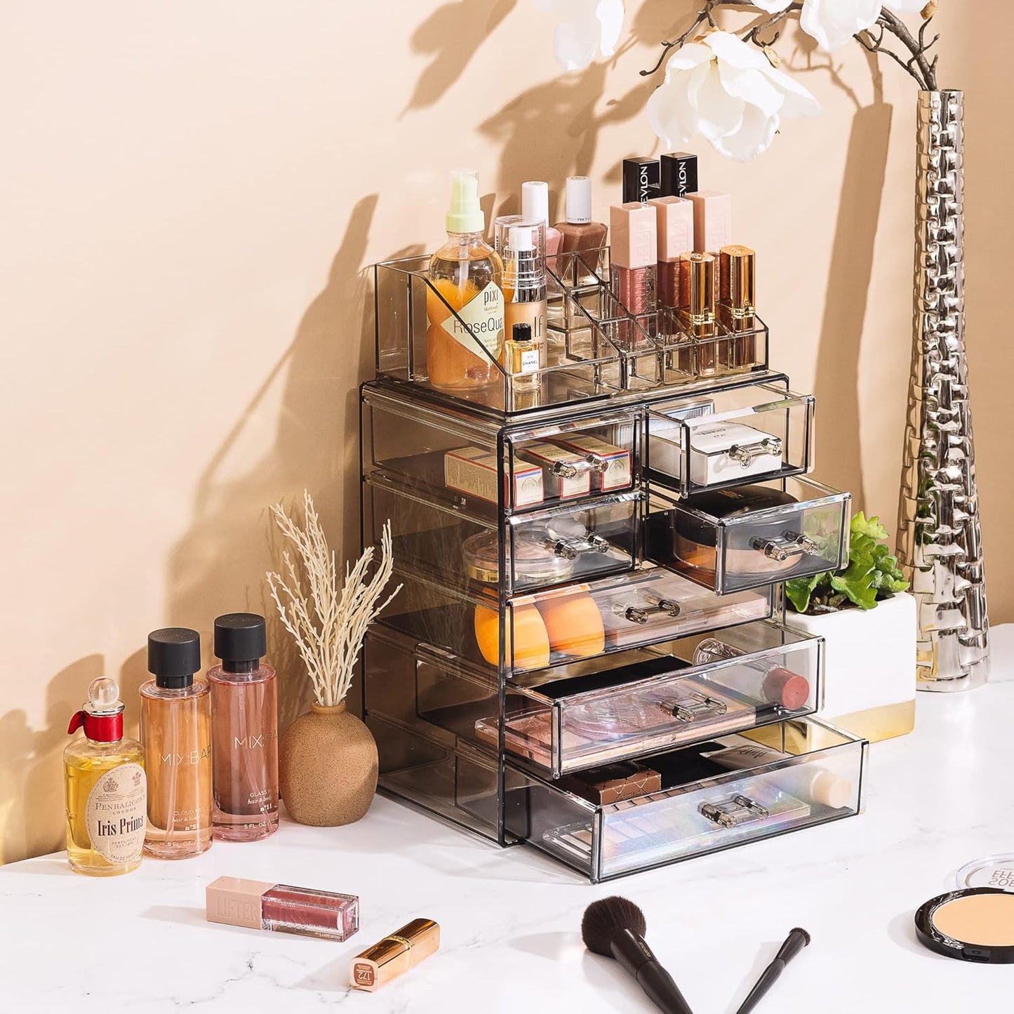 Sorbus Acrylic Makeup Organizer Set, 7-Drawer Vanity & Countertop Cosmetic Storage with Small & Wide Compartments, Black-Tint Makeup Storage for Brushes, Jewelry – Holiday Gift for Women & Teens