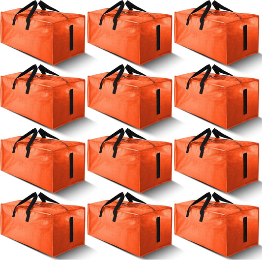 12 Pack Large Strong Moving Bags with Zippers & Carrying Handles - Water-Resistant - Heavy Duty Storage Tote for Space Saving, Fold Flat, Alternative to Moving Box (Orange)
