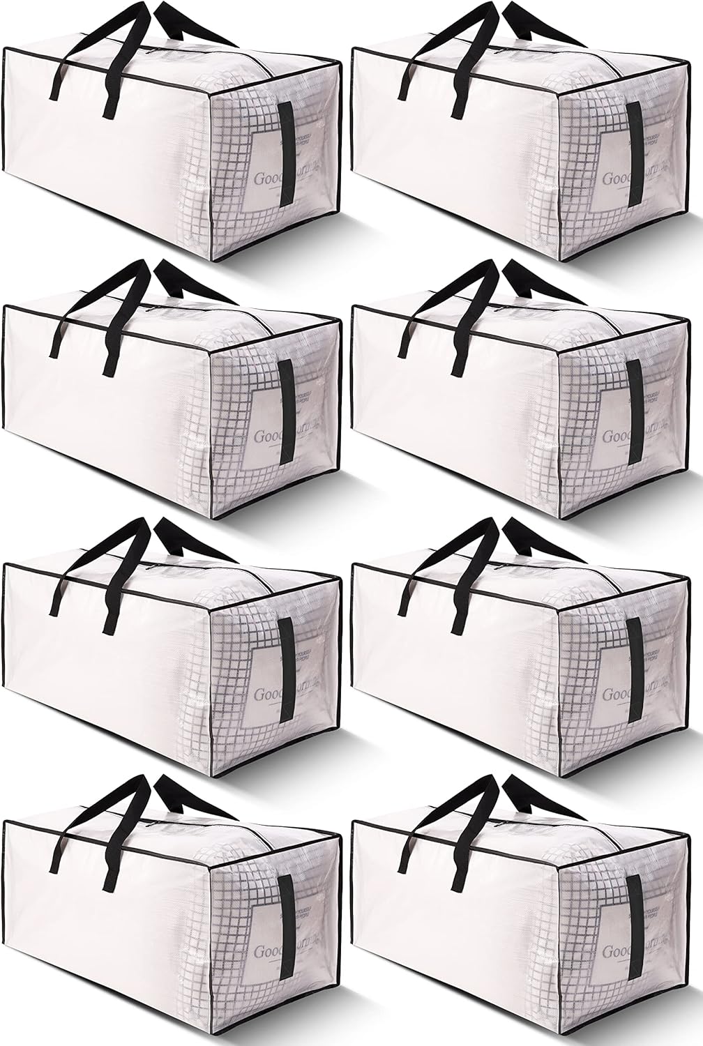 8 Pack Large Strong Moving Bags with Zippers & Carrying Handles - Water-Resistant - Heavy Duty Storage Tote for Space Saving, Fold Flat, Alternative to Moving Box (Semi-Transparent)